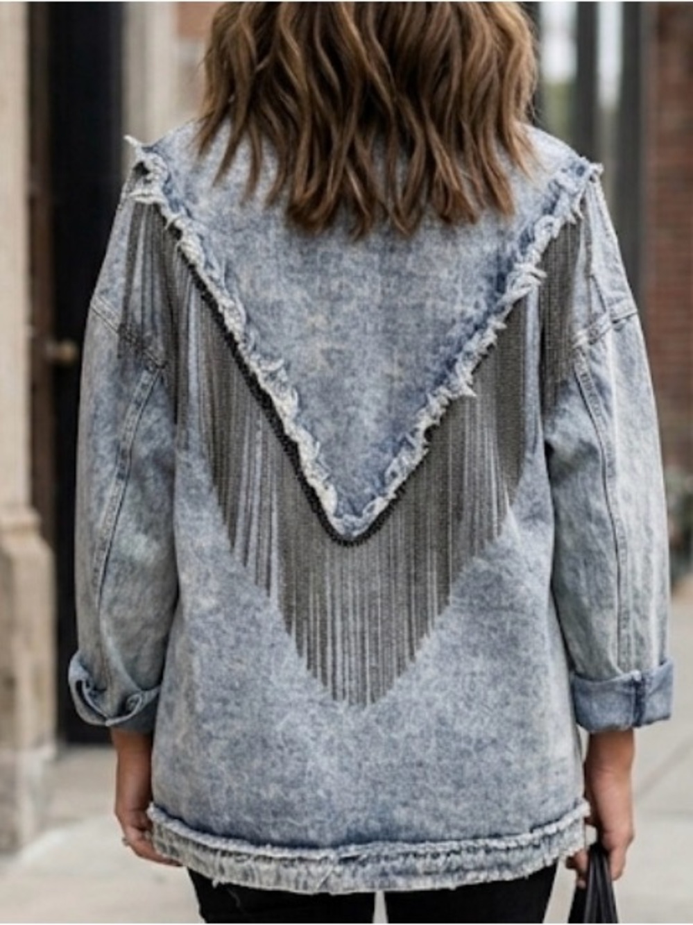 Acid Wash Denim‎ Jacket Medium Oversized Purple Sequin Chain Fringe Western Boho